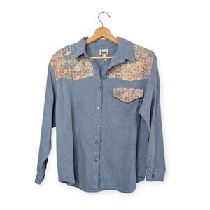 80s 90s Western Button-down Chambray Shirt with waffle weave details